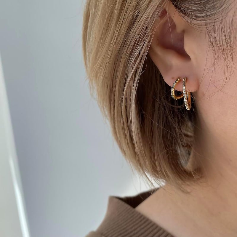 Obidos 14K Gold Plated Triple Huggie Illusion Stud Earrings | Double Huggie Hoop Earrings for One Hole | Gold Hoop Earrings for Women | Drop earrings - Image 5